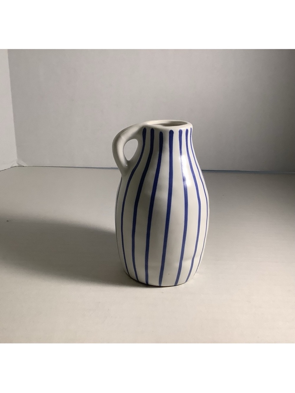 IKEA White Ceramic Vase with Blue Hand-Painted Stripes